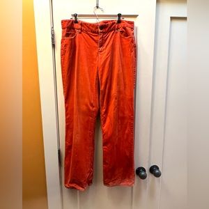 Orange J. Crew corduroy pants.